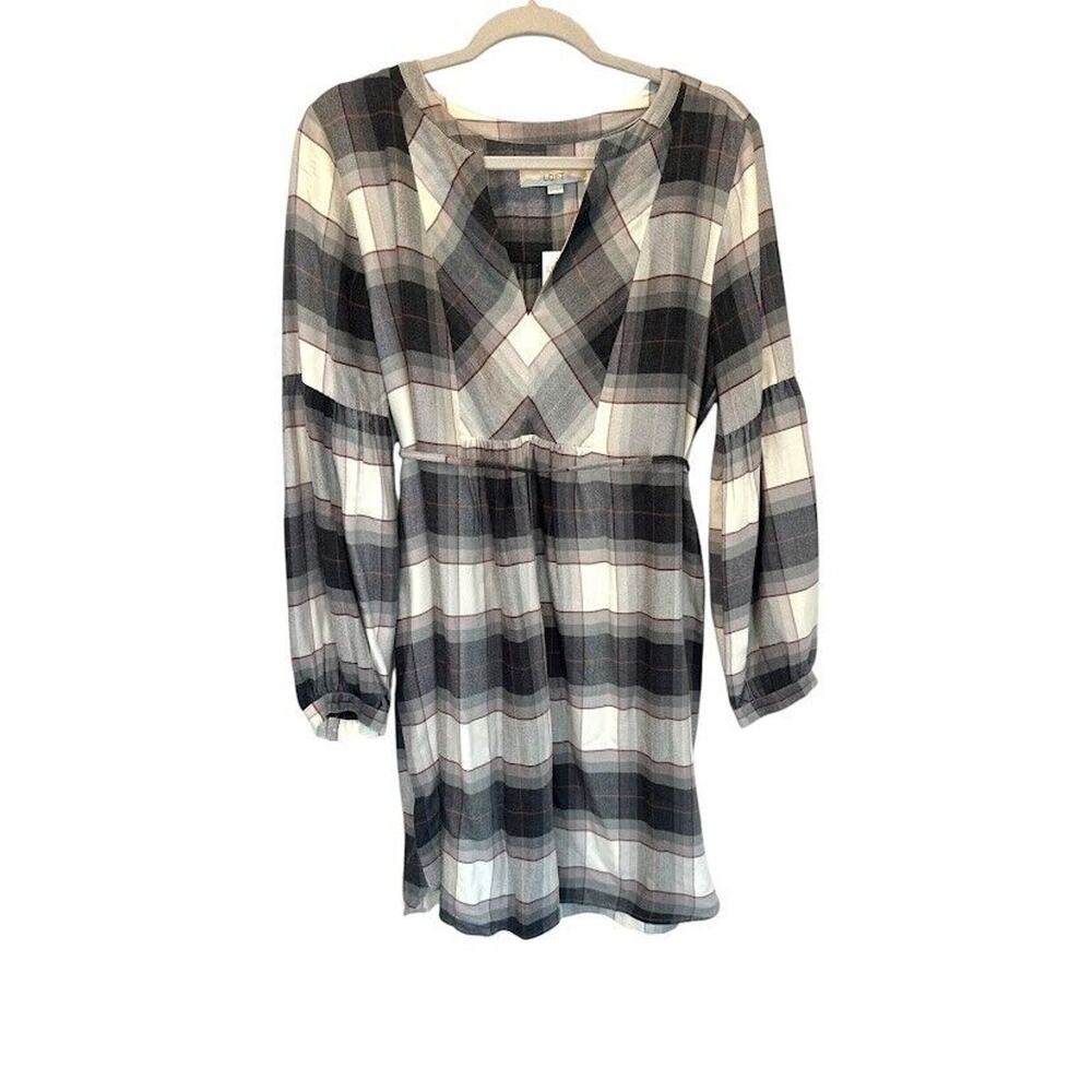 Loft Plaid Button Popover Long Sleeve Swing Shirt Dress Size Medium Belt